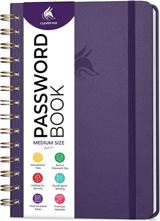 Clever Fox Password Book Spiral – Internet Address & Password Organizer with Laminated Alphabetical Tabs – Password Keeper Journal – Hardcover, Medium Size, 6.1x7.7” (Purple)