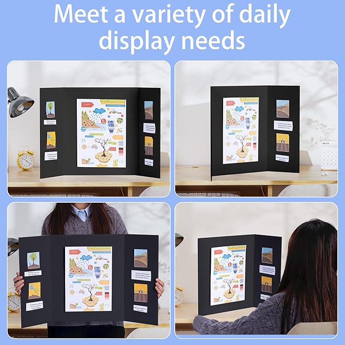 AKONEGE 12Pcs Medium Trifold Poster Board, 26" x 16" Black Corrugated Cardboard Tri Fold Poster Boards for School Projects, Presentations, Science Fair, Photo Display, Art Exhibition