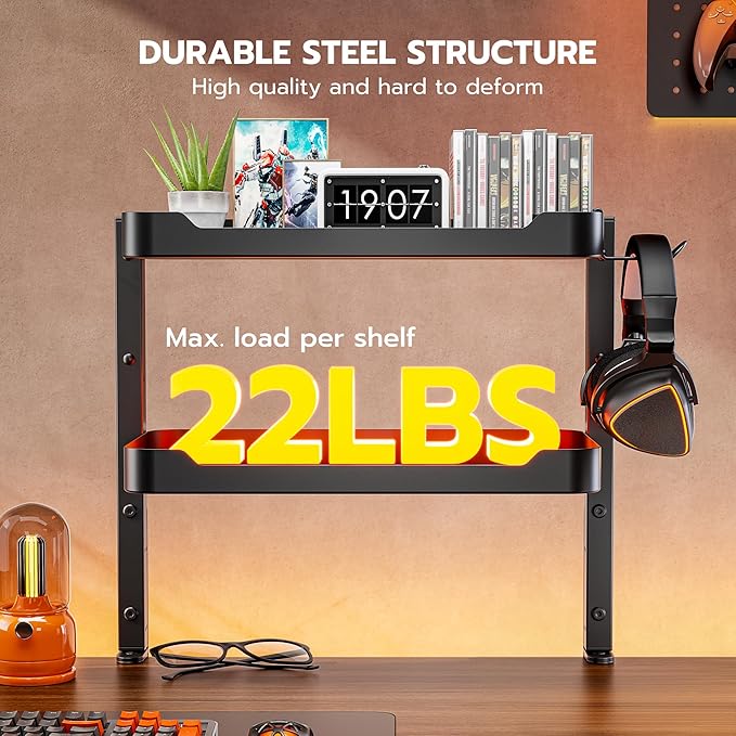 ARES WING 2-Tier Clamp On Desk Shelf, 16 inch Adjustable Above or Under Desk Storage Shelves Holds 44 lbs, Heavy Duty Desktop Organizer with Headphone Holder for Working and Gaming Accessories, Black