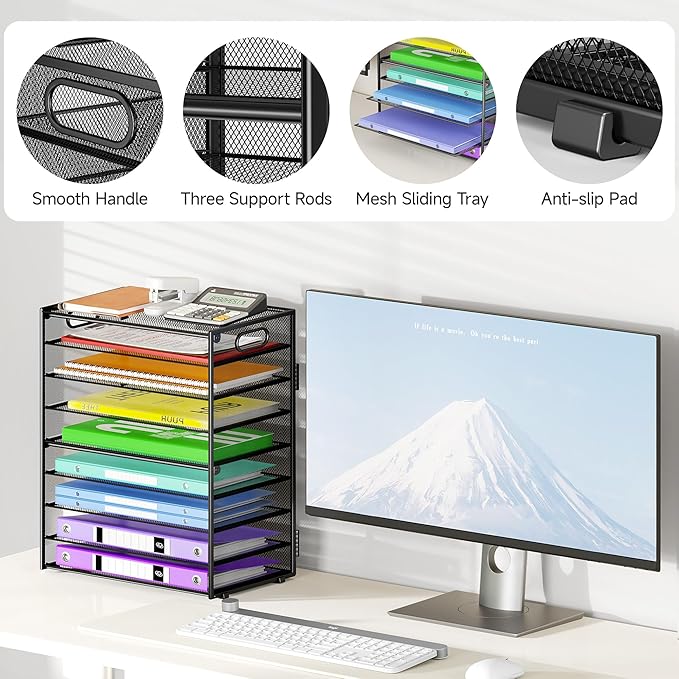 Cawukege 9 Tier Paper Organizer with Handle, Large Capacity Desk Organizer Mesh File Folder Letter Paper Tray Desktop Document Sorter for Classroom, School, and Office Accessories Organization- Black