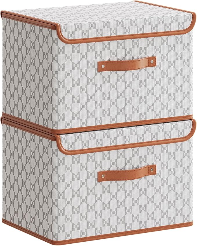 Tuza 2 Pack Fabric Storage Bins with Lids, Collapsible Closet Organizer Container, Decorative Storage Boxes with Lids for Organizing Clothes, Blanket, Grey & White, Medium