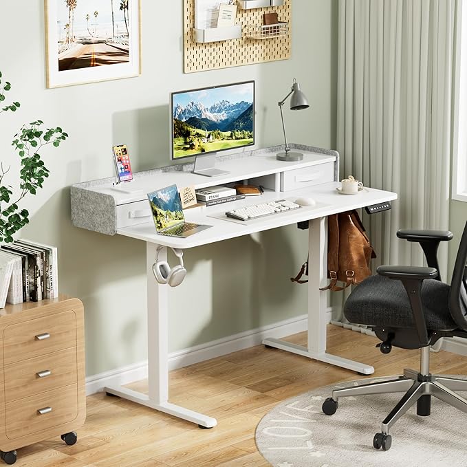 Homall Electric Standing Desk with 2 Drawers, Adjustable Height Computer Desk with Storage Sit Stand Table with Storage Shelf and Splice Board Quick Install for Home Office (White, 48 Inch)