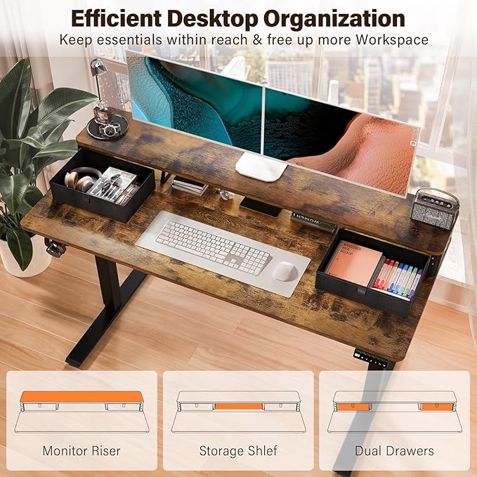 Kingant 55 x 24 Inch Electric Standing Desk with Dual Drawers, Height Adjustable Sit to Stand Computer Desk with Storage Shelf and C-Clamp Mount Compatibility for Home Office, Rustic Brown