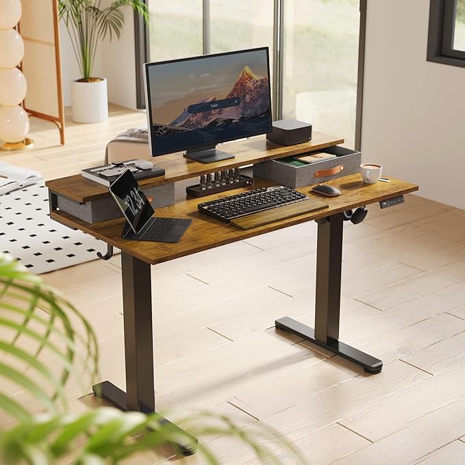 Claiks Electric Standing Desk with 2 Drawers, Adjustable Standing Desks with Storage, Height Adjustable Stand up Desk for Home Office with 2 Hooks,48 Inch Ruist Brown