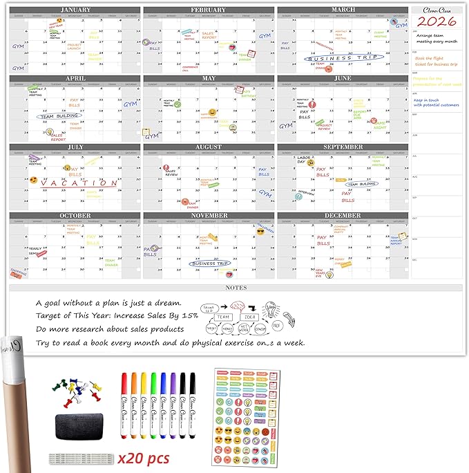 CLEVER CLEAN Large Dry Erase Wall Calendar - 48"x58" 12-month 2026 Undated Reusable Yearly Calendar for Home, Office, School Projects - Jumbo Laminated Task Organizer