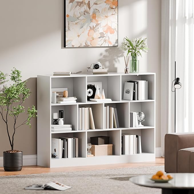 Cozy Castle White Bookshelf, 3-Tier Open Shelf Bookcase, 10 Cube Storage Organizer with Anti-Tilt Device, Freestanding Horizontal Bookshelf Cube Shelf for Bedroom, Living Room