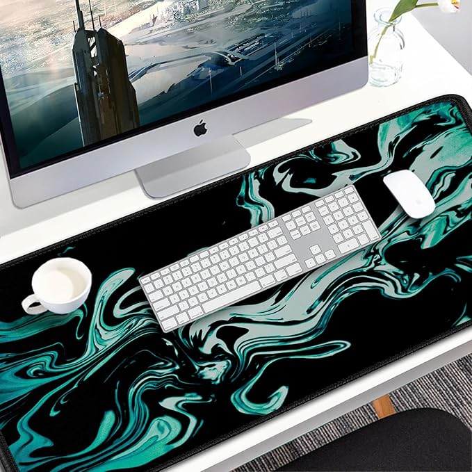 Large Mouse Pad, 31.5x15.7 inch Large Extended Computer Keyboard Mouse Mat, Water Resist Non-Slip Mousepad Rubber Base Long XXL Desk Mouse Pad for Gaming, Office & Home, Marble Cyan