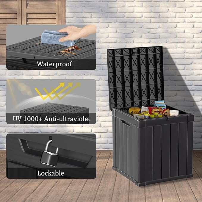 PATIOEASY 50GAL Deck Box Black,Waterproof Resin Outdoor Storage Box，Garden，Pool Supplies，Patio Furniture