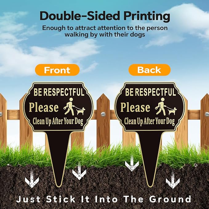 2 Pack Clean Up after Your Dog Signs Pick Up After Your dog sign 13.6"x9.6" with Integrated stake Double Side Printed- Be Respectful, No Dog Poop and Pee Stop Dogs from Pooping/Peeing On Your Lawn/Garden