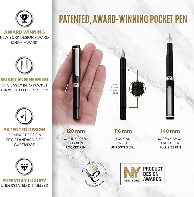 Scriveiner Luxury Fountain Pen - Medium Matt Black With Chrome Finish, Schmidt German Nib, Converter - Best Writing Gift Set for Men & Women - Fancy Office Designer EDC Pocket Pen