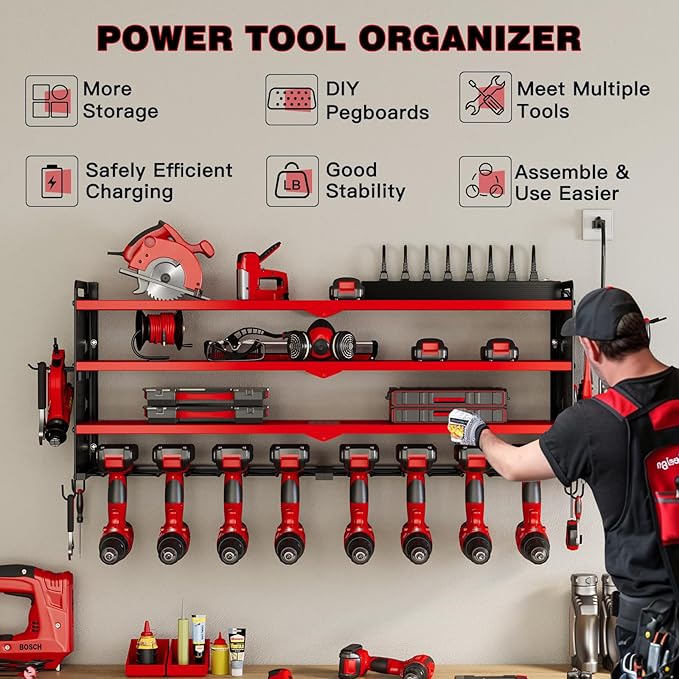NattyDot Power Tool Organizer Wall Mount with Charging Station,Cordless Tool Organizer 8 Drill Holder, 4 Layer Storage Rack for Garage Organization,Tool Holder with 8 Outlet Power Strip (Red)