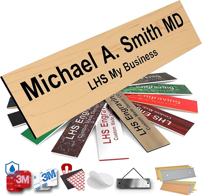 Engraved Name Plates for Door Sign Personalized Cashew Plastic Plaque with Black Letters - Made in USA 2x6 N6