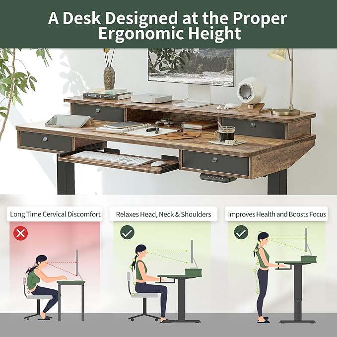 FEZIBO 55'' x 24" Height Adjustable Electric Standing Desk with 4 Drawers and Keyboard Tray, Home Office Table for Work, Study, Gaming, Writing, Rustic Brown