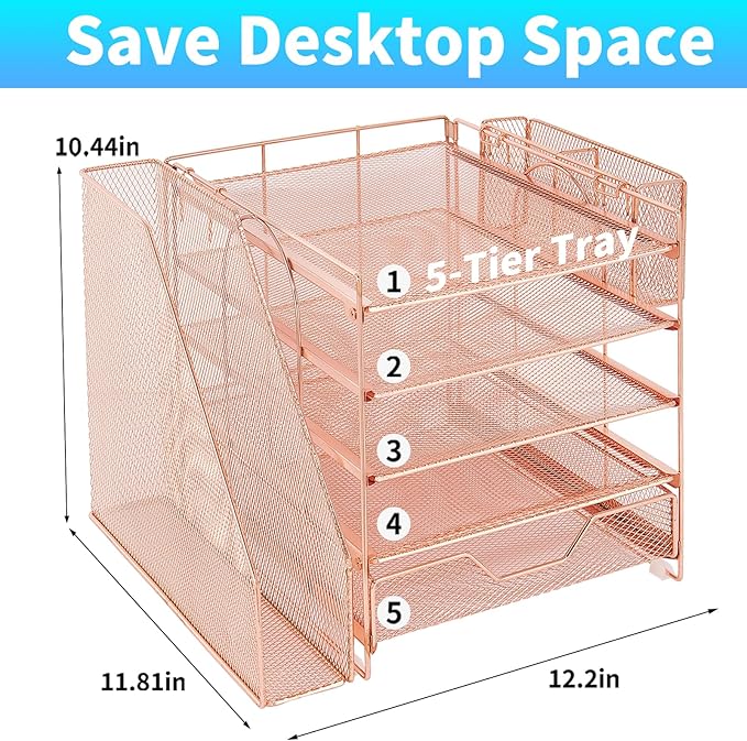 Gugsey Desk Organizer, 5-Tier Paper Letter Tray Organizer with File Holder, Drawer and Pen Holder, Desktop Organizer for Office Supplies, Rose Gold