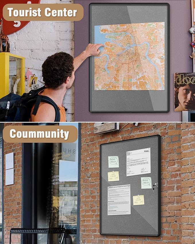 Mifuro 38"x28" Enclosed Bulletin Board, Lockable Weather-Resistant Aluminum Cork Noticeboard for Hospital School & Office, Black Frame w/Grey Flet