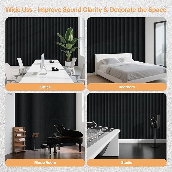 Tao.space 6 Pack Acoustic Panels 3D Wave Sound Proof Foam for Walls, 47.2"x11.8" Self-Adhesive Sound Absorbing Panels for Noise Reduction in Home Office & Studio, Decorative Wall Tiles (Black)