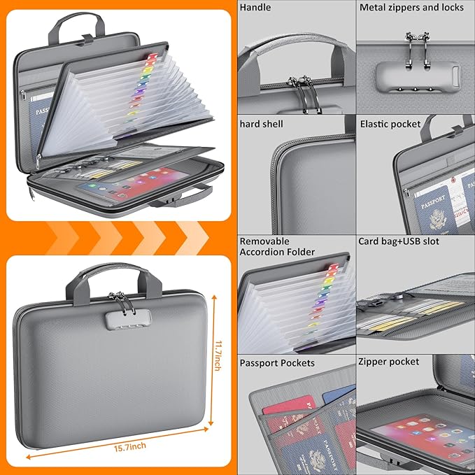 Fireproof File Organizer with Lock, Hard-Shell Case Fireproof Document Box with 13 Pockets Accordion File Folder, Important Document Organizer for Letter A4 Files Laptop Passports (Grey)