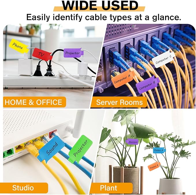 SummerBrite 36-Pack Large Cable Labels with 40 Write-On Stickers, Reusable 8-Color Wire Tags for Electronics, Cord ID & Cable Management for Home Office, PC Network - Rectangle