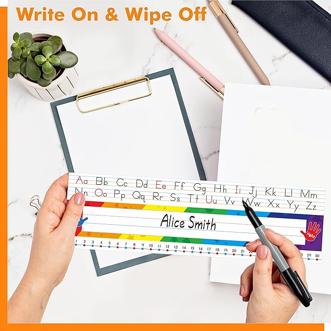 40 PCS Desk Nameplates, Waterproof Desk Name Tags with Alphabet, Number Line 1-30 Traditional Manuscript Name Plate for Classroom School Student (12” x 3.5”)