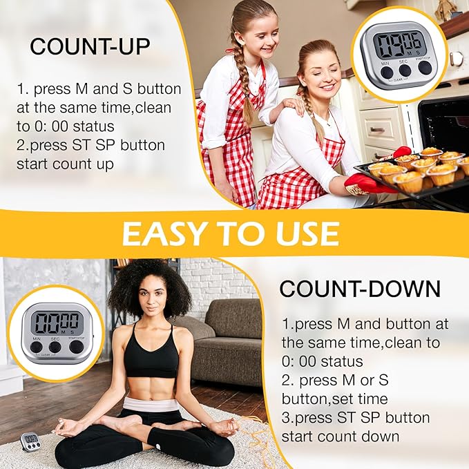 Leumoi 24 Pcs Digital Kitchen Timers Magnetic Back Timers Bulk Large Screen Loud Alarm On/Off Switch Minute Second Count up Countdown Memory Setting for Cooking Classroom Exercise (Sliver and Black)