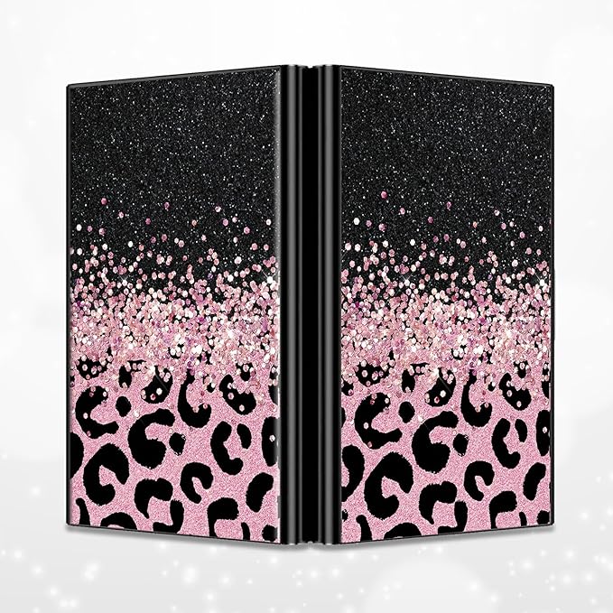 BWEGRHE Slim Credit Card Holder, Pink Glitter Leopard RFID Blocking Metal Wallet for Men & Women, Aluminum Minimalist Hard Case Pocket-Sized Business Cards Organizer (Fits Up to 10 Cards)