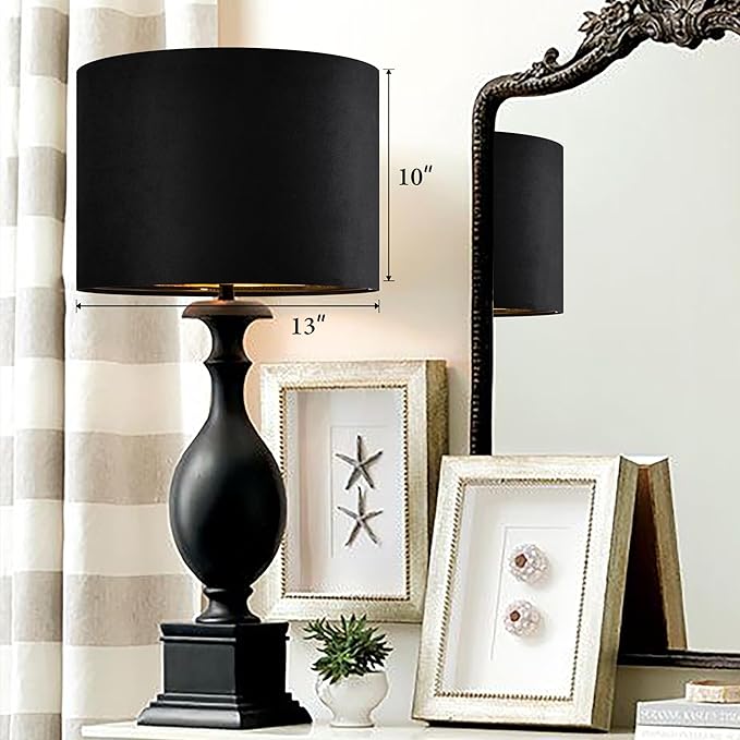 GO&SO Black Velvet Lamp Shades - 13" Top x 13" Bottom x 10" High(Spider) Medium Drum Lampshades - Traditional Fabric Lamp Shade for Table Lamps - Replacement Lampshade - Assembly Required