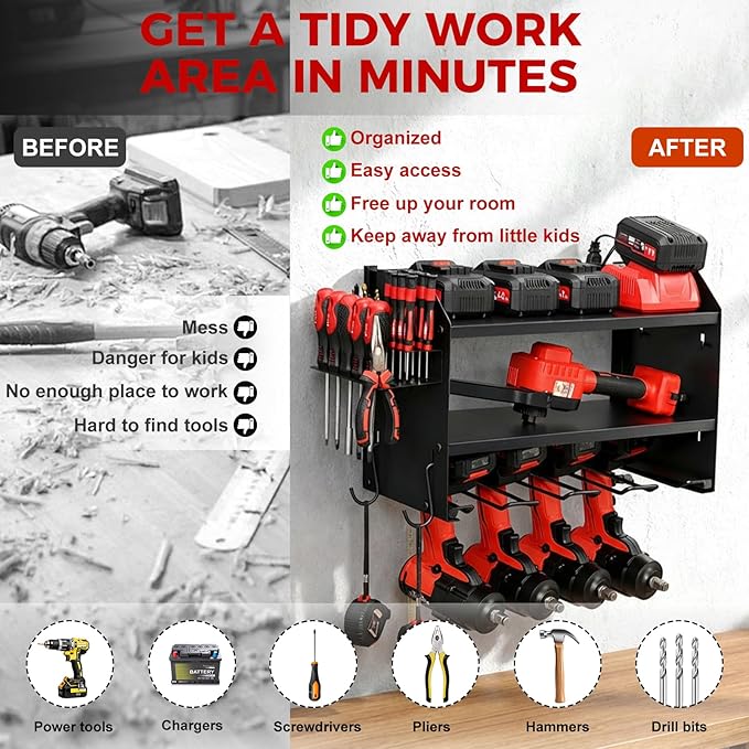 Power Tool Organizer Wall Mount with Charging Station, Heavy Duty 3 Layer Garage Tool Storage with 4 Cordless Drill Holder 8 Outlet Power Strip, Gift for Men Husband Dad Birthday Anniversary black