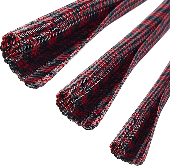 QCSIW Split Cable Sleeve, 1/2 Inch 100ft Black Red Braided Wire Loom for Home Cable Management, Pet Chew Protection and DIY Cord Organizer for Desk and Home Theater