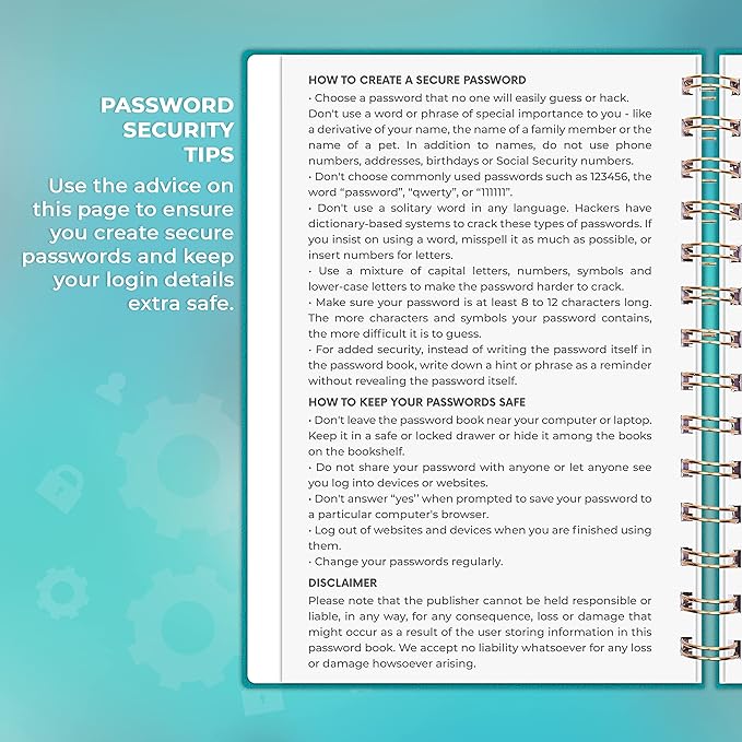 Clever Fox Password Book Spiral – Internet Address & Password Organizer with Laminated Alphabetical Tabs – Password Keeper Journal – Hardcover, Medium Size, 6.1x7.7” (Turquoise)