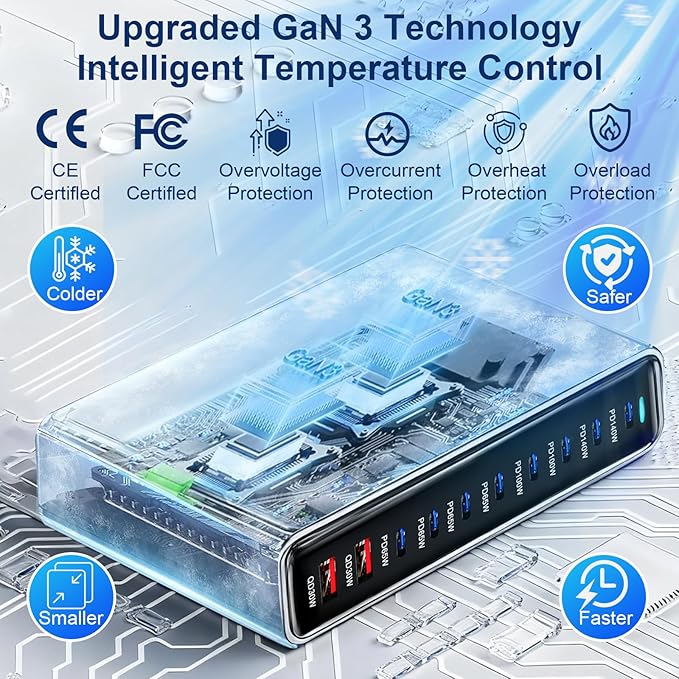 800W USB C Fast Charger Block, Dual PD3.1 140W 10 Port USB Charging Station, GaN Ⅲ Pro PD PPS Fast Charging Station for Multiple Devices,Laptop Wall Charger Compatible with iPhone 17/iPad/MacBook etc