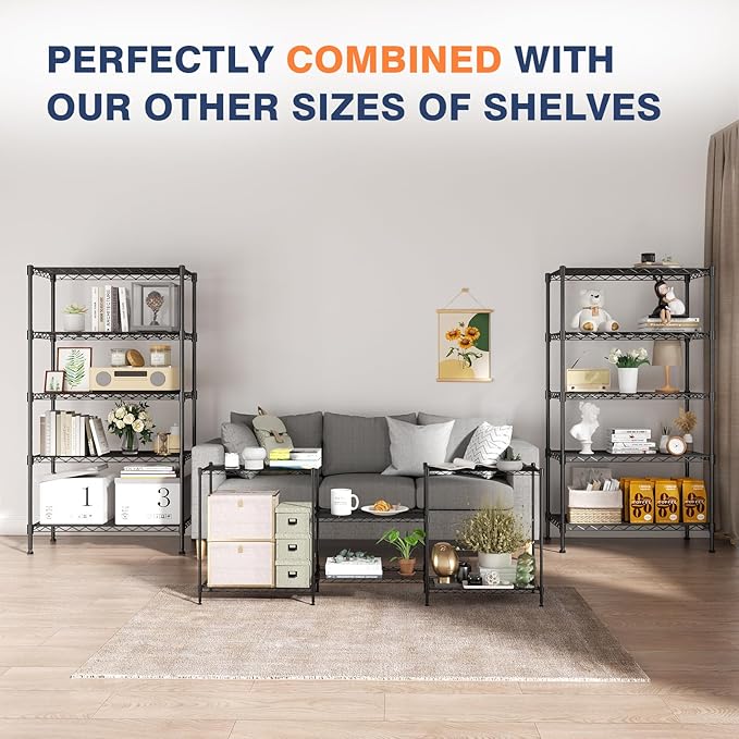 VANZBON 5-Tier Heavy Duty Wire Shelving Unit,35" Wx18 Dx71 H,Wire Shelf Racks with Wheels,Height Adjustable Storage Metal Shelves for Kitchen,Garage,Office,Living Room,Pantry,Black