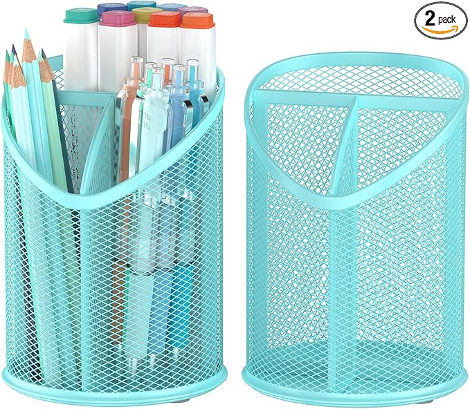 Delifox 2 Pack Pen Holder Mesh Round Pencil (Blue)