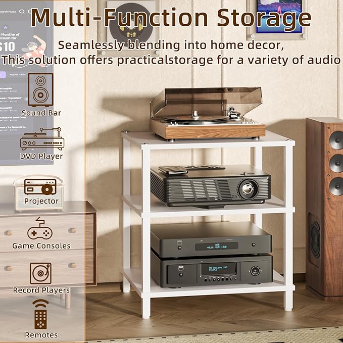 LELELINKY 3-Tier AV Media Player Stand Set of 2, White Stereo Cabinet, Wooden TV Stand,Game Console Shelf, Multifunctional Entertainment Center, Suitable for Home, Conference Room, Game Studio