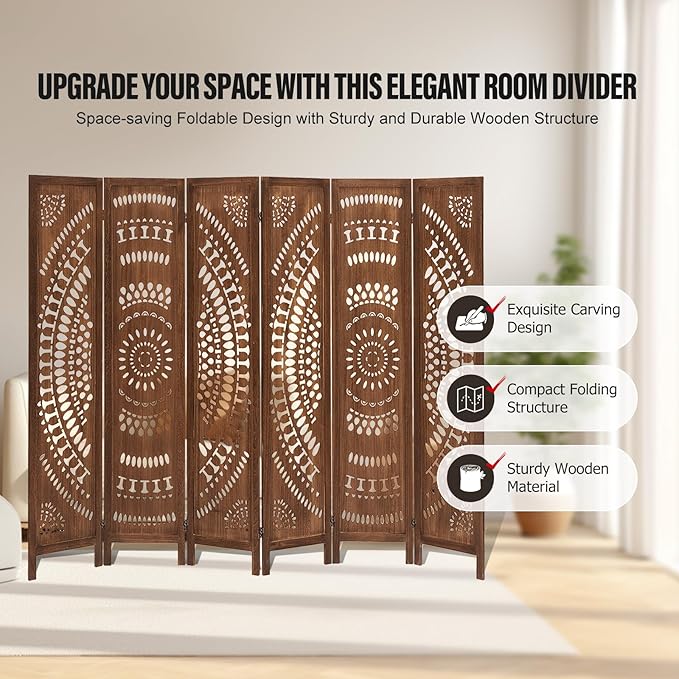 ALeesing 6 Panel Wood Room Divider Fully Assembled, Decorative Room Dividers and Folding Screens, 5.6Ft Room Divider Screen Freestanding Partition Wall Dividers for Home Bedroom Office, Dark Brown