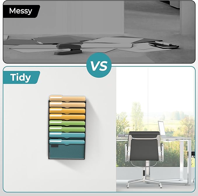 SUPEASY Wall File Organizer Mesh Office Mail Holder, Hanging Wall Organizer Magazine Rack for Office Black, 8 Tier