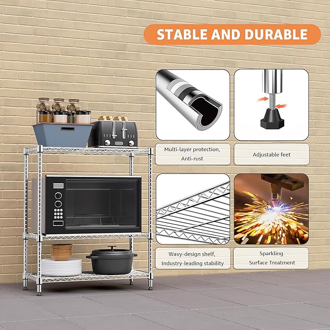 M MZG 750 lbs 3 Tier Storage Rack Metal Wire Shelving Unit, Storage Standing Shelf Organizer for Laundry Bathroom Kitchen Pantry Closet Garage Basement Utility Room, Chrome 13.8" D x 29.5" W x 35.5" H