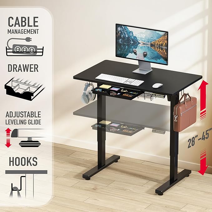 SHW 40-Inch Electric Height Adjustable Standing Desk with Drawer, Memory Preset and Cable Management Tray, Black