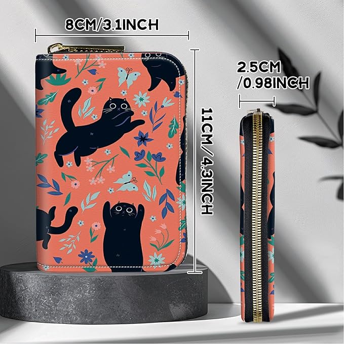 BWEGRHE Cute Credit Card Holder with Zipper, Black Cat Flowers RFID-Blocking Card Case Small Wallet for Women Men, Multi-slot Card Organizer Case Travel Accordion Wallet