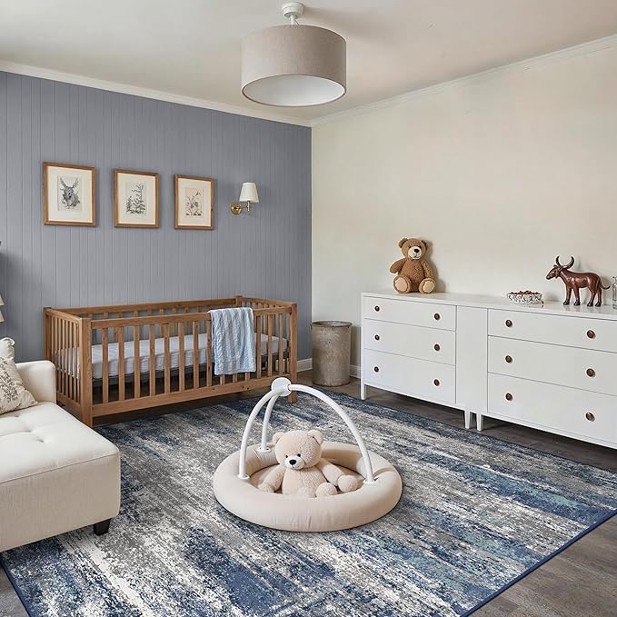 GENIMO Rugs for Bedroom-Washable 6x9 Area Rugs Lightweight Low Pile, Modern Printed Non-Slip Carpet for Living Room, Playroom, Dining Room, Office, Blue Ivory
