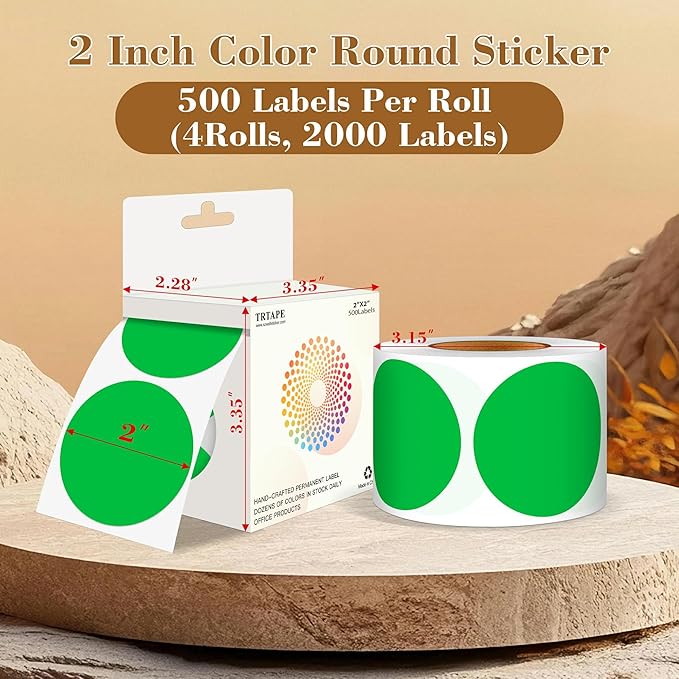 2 Inch Color Coding Round Labels (2000Pcs, 4 Rolls) - Round Color Dot Stickers for Inventory, Pantry, Warehouse Organization - Green Circle Dot Labels