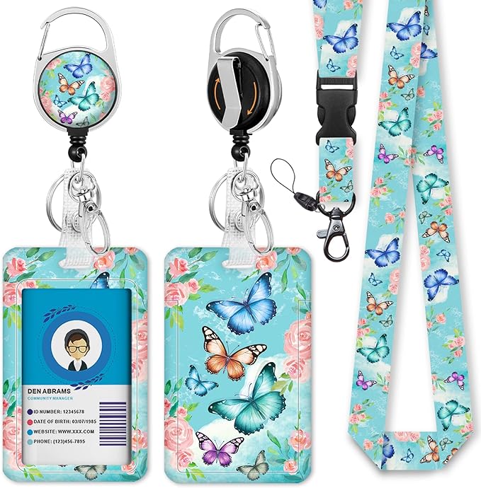 GIANCOMICS ID Badge Holder with Breakaway Lanyard, Cute Butterfly Lanyards for ID Badges ID Card Holder, Retractable Badge Reel Clips Heavy Duty Keychain Badge Lanyard, Teacher Nurse Work Office Gifts