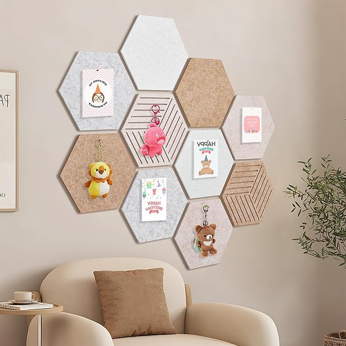 15'' Large Hexagon Cork-Bulletin Board Tiles Adhesive Frameless 10 Pack 15 x 13 inch Hex Pin Corkboard Prayer Vision Cork Board for Office-Wall Decor, Hexagonal Tack Pinboard with 30 Push Pins