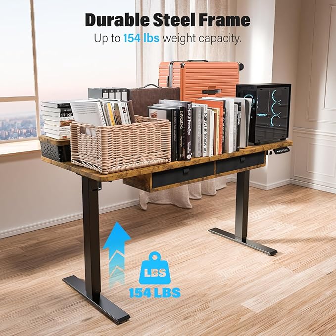 Kingant 48 x 24 Inch Electric Standing Desk with 4 Drawers, Height Adjustable Sit to Stand Computer Desk with Storage Shelf and C-Clamp Mount Compatibility for Home Office, Rustic Brown
