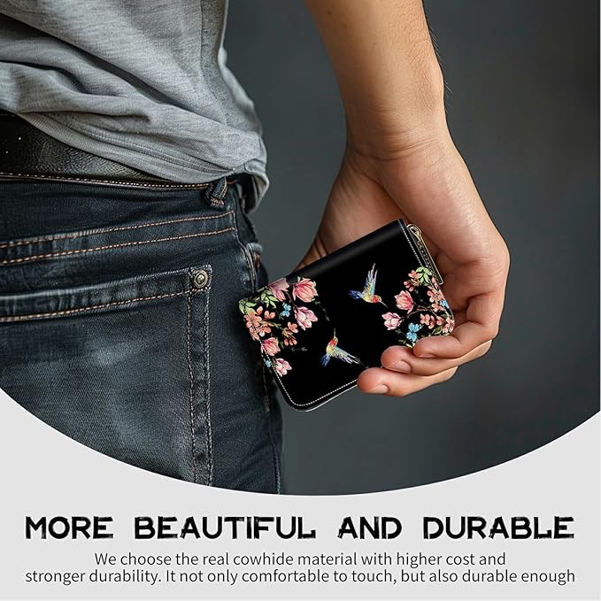 BWEGRHE Cute Credit Card Holder with Zipper, Hummingbird Floral Sakura RFID-Blocking Card Case Small Wallet for Women Men, Multi-slot Card Organizer Case Travel Accordion Wallet