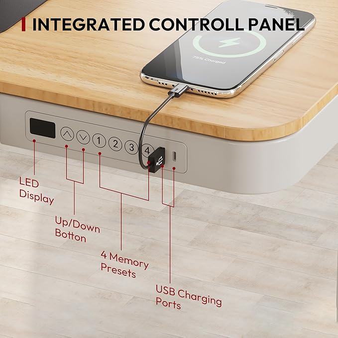 Standing Desk with Drawer, Electric Height Adjustable Home Office Desk with Storage & USB Ports, 55 inch Maple Wood Tabletop/White Frame