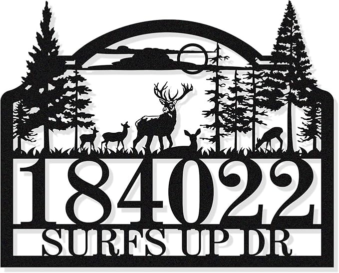 Custom Modern Address Signs for Houses, Personalized House Numbers for Outside, Large Metal Number Plaque with Deer Forest Design,Address Numbers for House