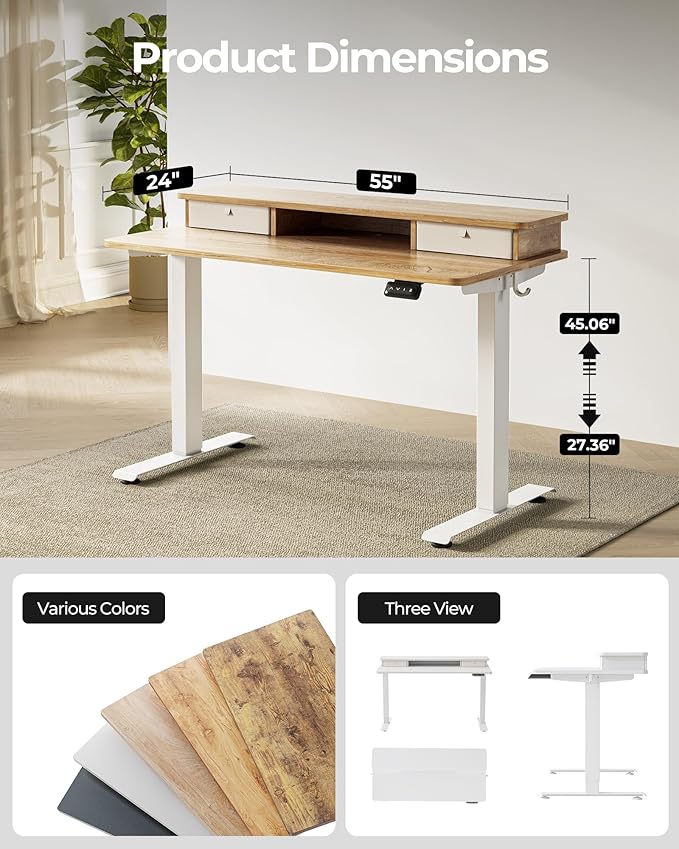 FEZIBO 55 x 24 Inch Height Adjustable Electric Standing Desk with Double Drawer, Stand up Home Office Computer Desk with 4 Height-Adjustable Feets & 2 Hooks, Maple