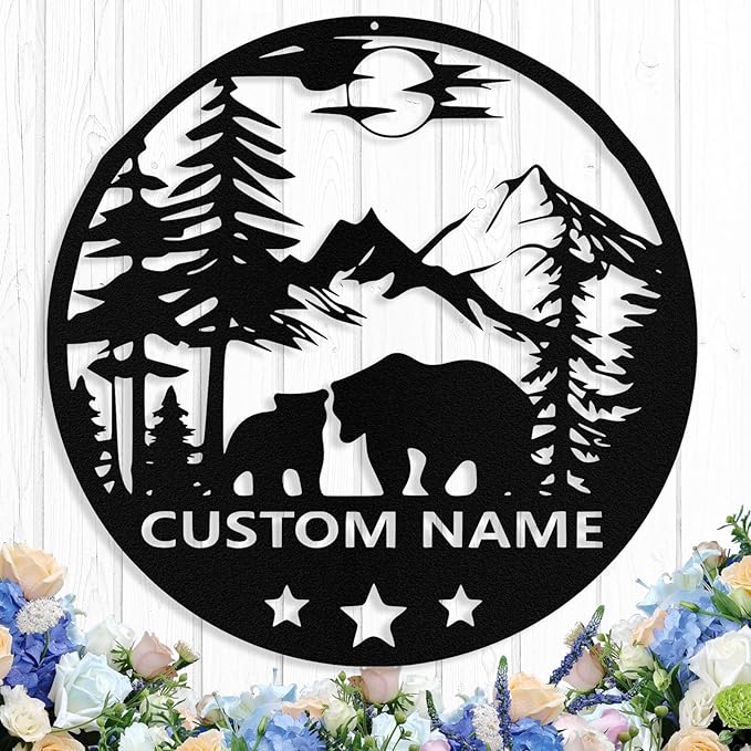 Custom Bear Metal Sign, Custom Bear Metal Wall Art Decor, Personalized Last Name Signs for Home, Rustic Farmhouse Black Wall Decor for Cabin, Bedroom, Living Room, Porch