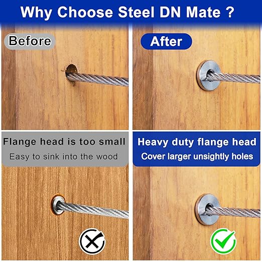Steel DN Mate 200 Pack Stainless Steel Protector Sleeves for 1/8" Wire Rope, Cable Railing Hardware for Deck/Cable Railing System, T316 Marine Grade, Cable Sleeves Come with a Drill Bit DE05