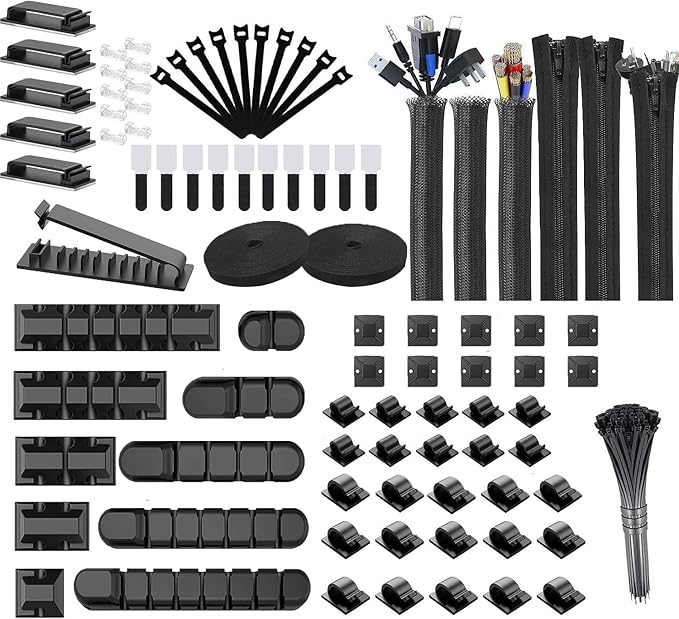 189PCS Cable Management Kit, 6 Cable Sleeve40 Cable Clips with 11Cord Holders, 2 Roll Self Tie, 10 Self Adhesive Cord Organizer, 100 Fastening Cable Ties,10 Cable Zip Tie Mounts